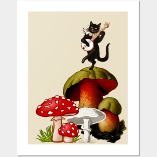 Black cat playing guitar on a mushroom hippie 80s music Posters and Art